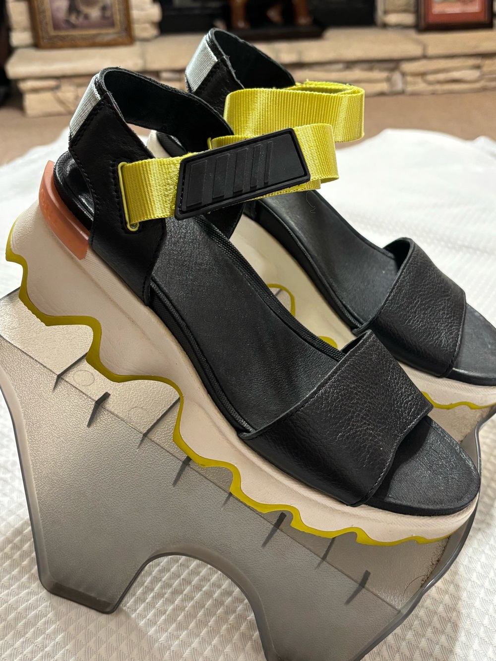 Sorel Black Platform Sandals with Yellow Straps